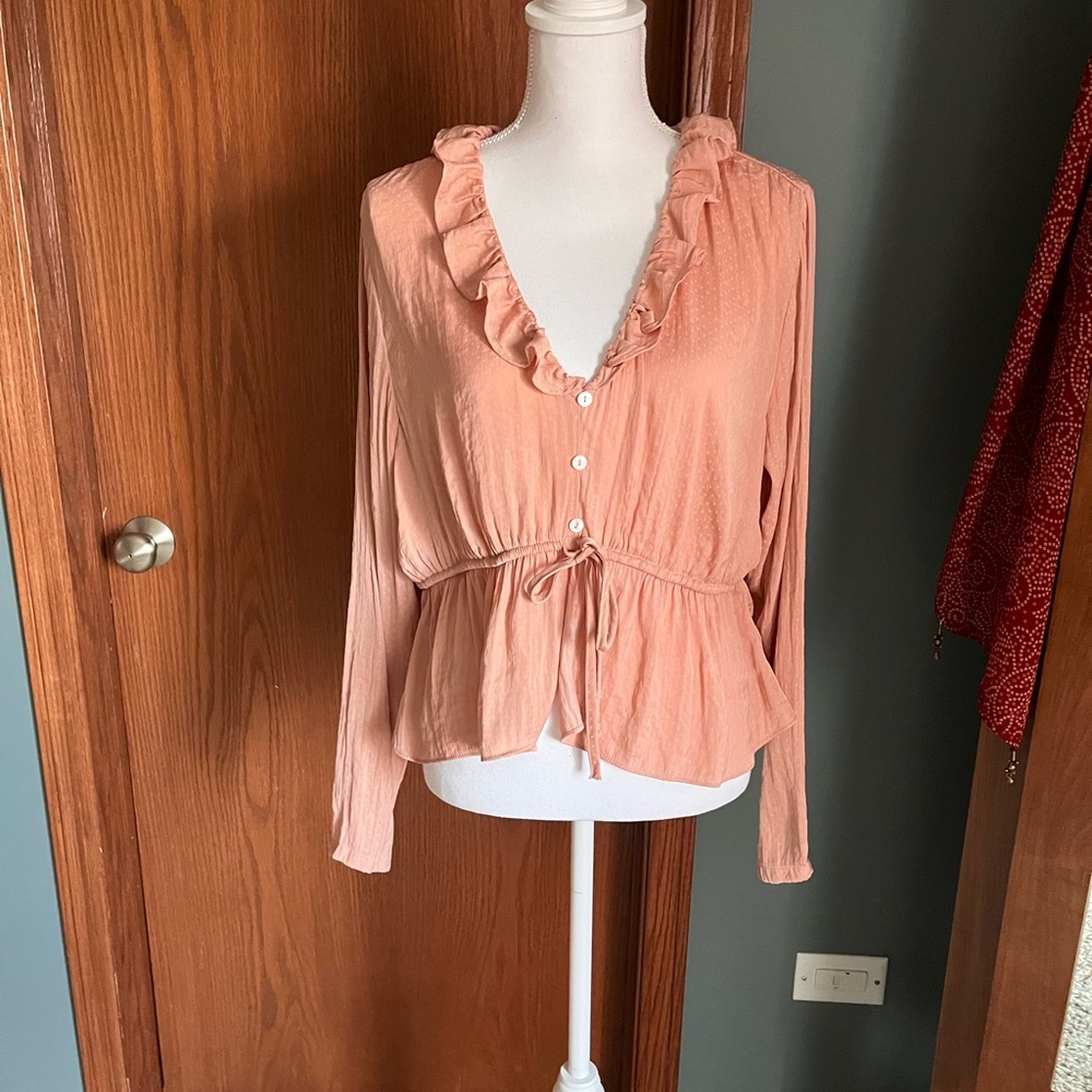 Peach‎ Ruffle Blouse with Tie Waist | Feminine Flowy Top